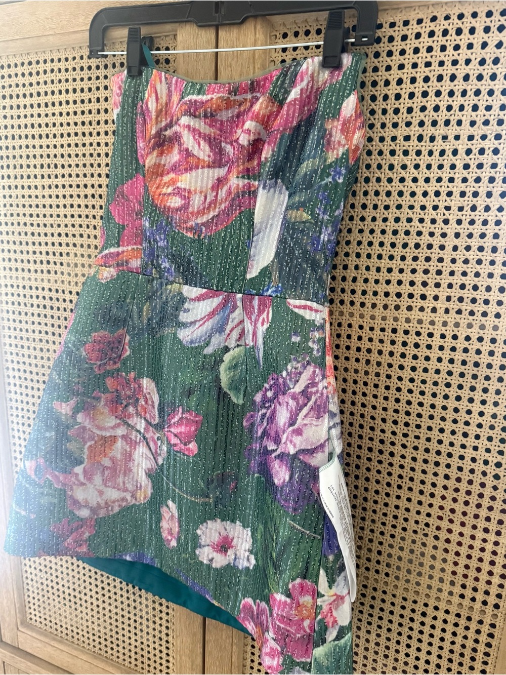 Dress the Population Strapless Floral Mini Dress in Green, Pink, Purple